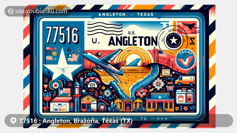 Modern illustration of Angleton, Brazoria County, Texas, showcasing postal theme with ZIP code 77516, featuring Texas state flag and local landmarks.