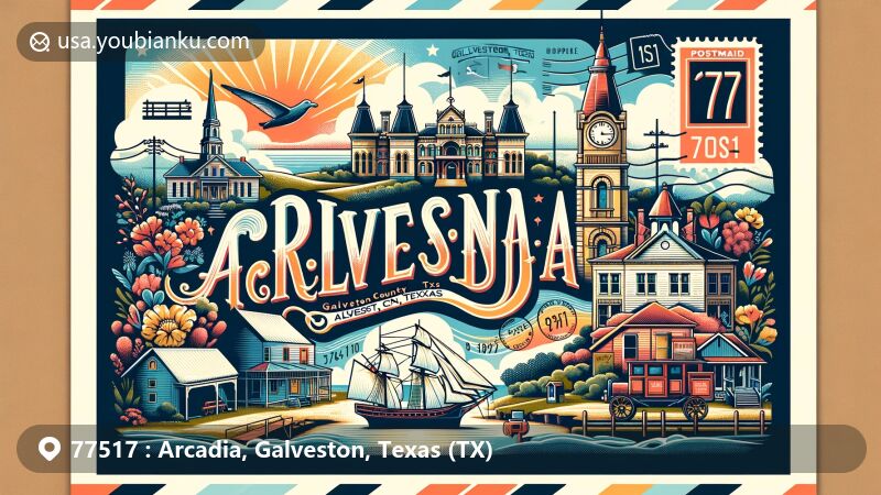 Modern illustration of Arcadia, Galveston County, Texas, featuring postal theme with ZIP code 77517, showcasing landmarks like Bishop's Palace, Moody Mansion, and Tall Ship ELISSA, alongside symbols of Arcadia's history and rural beauty.