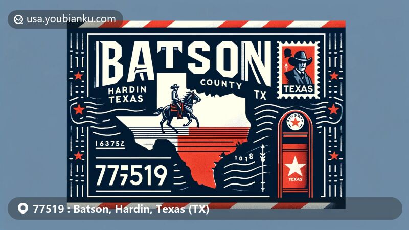Modern illustration of Batson, Hardin County, Texas, styled as an air mail envelope with Texas flag, cowboy, and postal elements.