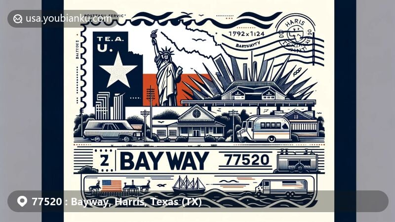 Modern illustration of Bayway, Harris County, Texas, showcasing state flag, Harris County outline, and local landmarks, with vintage postal elements like '77520' postmark and mailbox.
