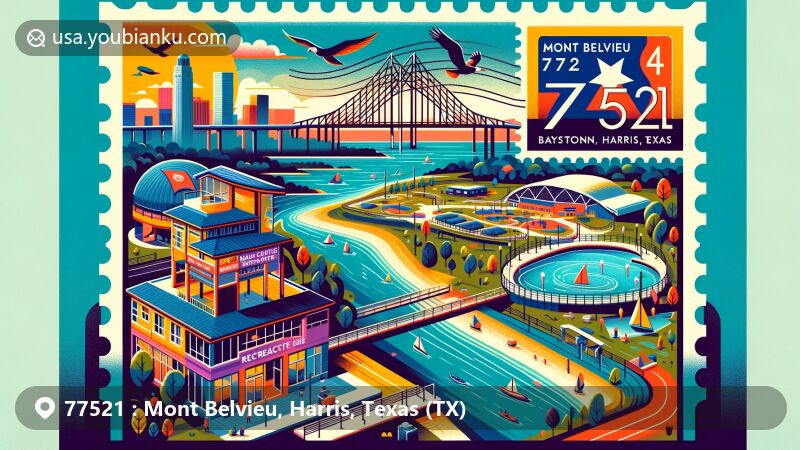 Modern illustration of Mont Belvieu, Harris County, Texas, featuring Baytown Nature Center, Eagle Pointe Recreation Complex, Fred Hartman Bridge, and elements symbolizing the city's history and industry, with vibrant colors and postal theme.