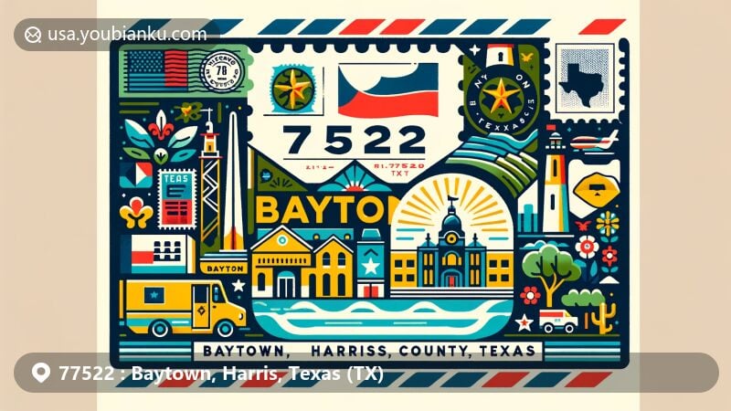 Modern illustration of Baytown, Harris County, Texas, inspired by airmail envelope design, featuring iconic landmarks like Baytown Nature Center and San Jacinto Monument, with symbols of Harris County and Texas, including the state flag and county shape.