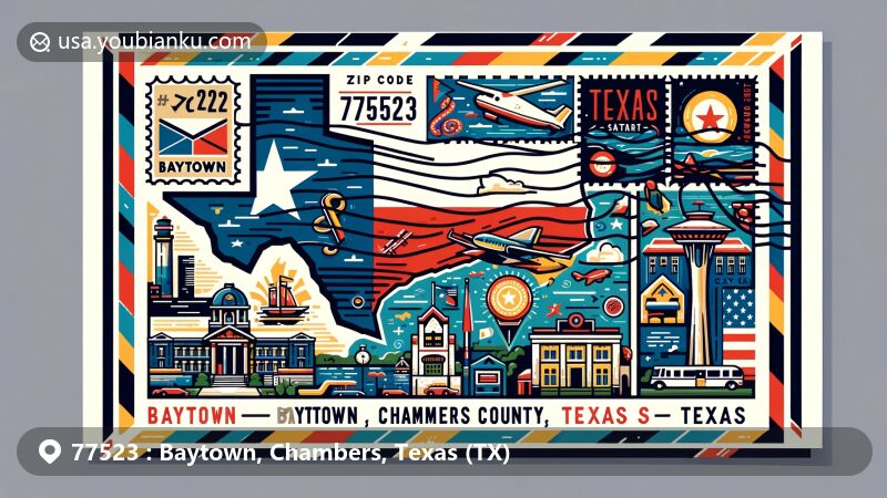 Modern illustration of Baytown, Chambers County, Texas, featuring Texas state flag and an outline of Chambers County, highlighting local landmarks and cultural symbols in a vibrant and eye-catching style.