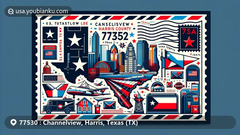 Modern illustration of Channelview, Harris County, Texas, representing ZIP code 77530, with Texas state flag, Harris County outline, and cultural symbols, featuring postal theme with stamp, postmark, mailbox, and mail truck.