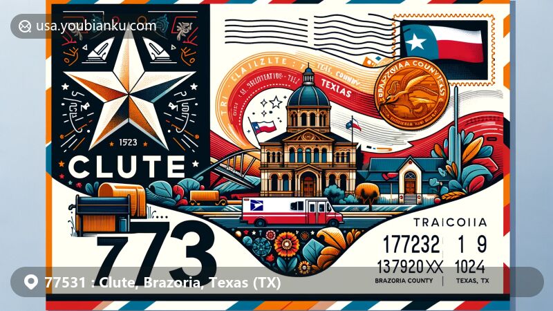 Modern illustration of Clute, Brazoria, Texas, representing ZIP code 77531 with a vibrant postal theme, featuring Texas state flag, Brazoria County outline, and distinctive local landmarks.