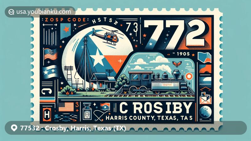 Modern illustration of Crosby, Harris County, Texas, showcasing postal theme with ZIP code 77532, featuring local climate and history, including railroad and brief name change to Hope in 1953, and incorporating Harris County elements.
