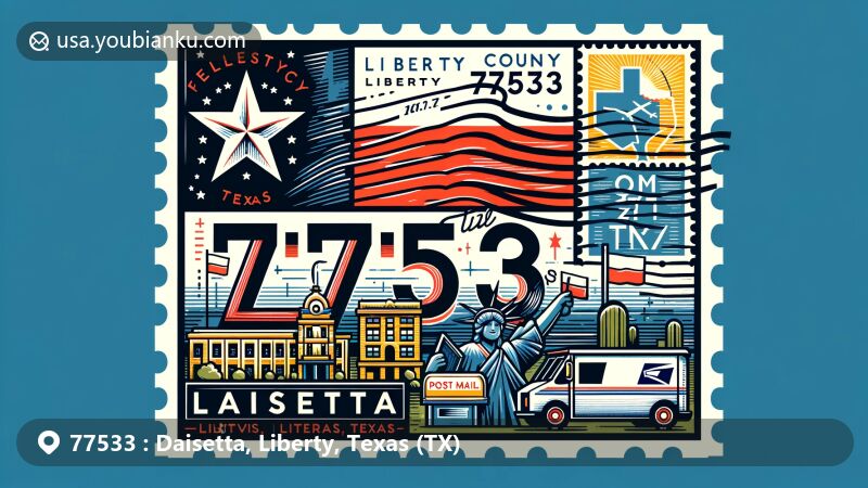 Modern illustration of Daisetta, Liberty County, Texas, highlighting postal theme with ZIP code 77533, featuring Texas state flag, Liberty County outline, and Daisetta landmarks.