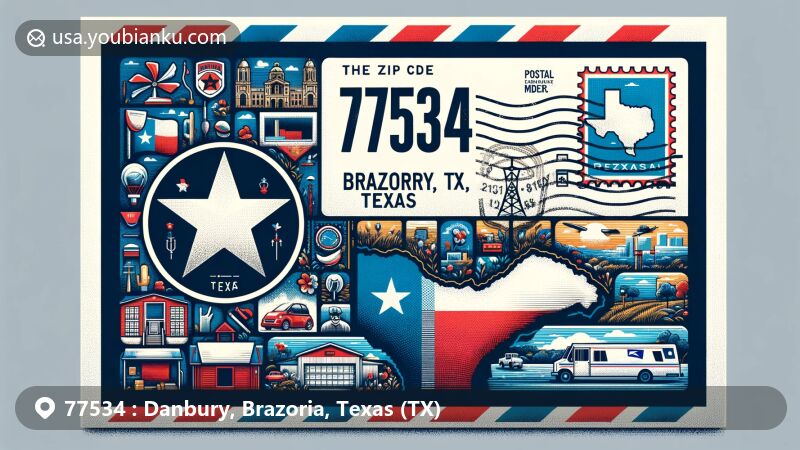 Vivid illustration of Danbury, Brazoria County, Texas, capturing the essence of ZIP code 77534 with Texas state flag, county outline, local symbols, vintage stamp, postal elements, and vibrant colors.