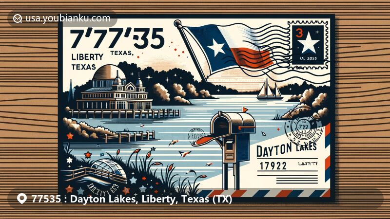 Modern illustration of Dayton Lakes, Liberty County, Texas, featuring Texas state flag, Liberty County map, picturesque lake view, vintage postal elements with ZIP code 77535, and contemporary design.