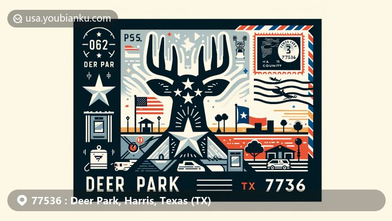 Modern illustration of Deer Park, Harris County, Texas, showcasing postal theme with ZIP code 77536, featuring local landmarks, Texas state flag, and Harris County map outline.