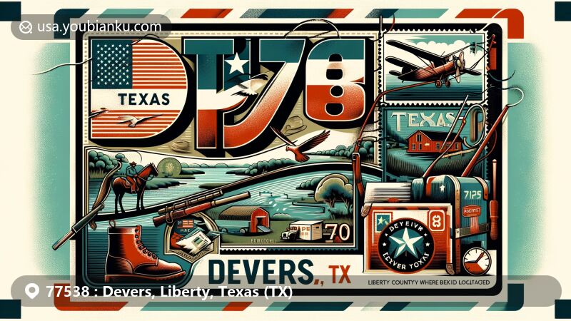 Modern illustration of Devers, Liberty County, Texas, embodying postal theme with ZIP code 77538, showcasing local characteristics like agriculture, ranching, fishing, hiking, and Texas state symbols.