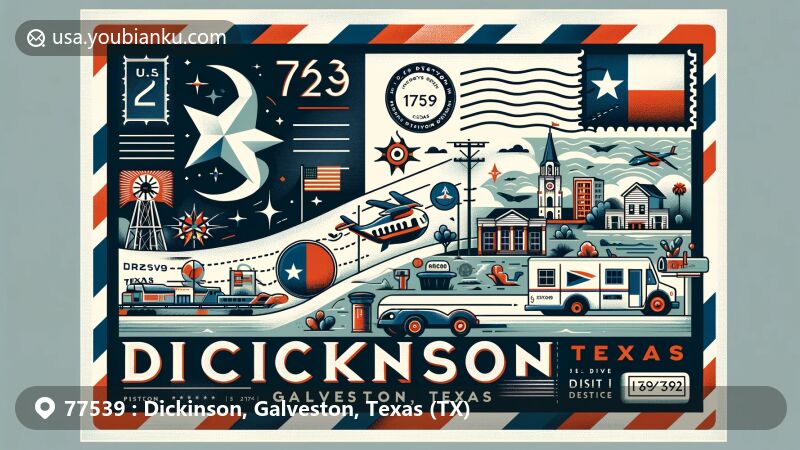 Modern illustration of Dickinson, Galveston, Texas, showcasing postal theme with ZIP code 77539, featuring Texas state flag, Galveston County outline, iconic landmarks, and postal elements like postage stamp, postmark, mailbox, and mail truck.