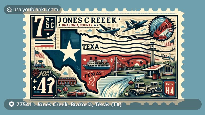 Modern illustration of Jones Creek, Brazoria, Texas, showcasing Texas state flag, the outline of Brazoria County, and local landmarks, with postal theme featuring ZIP code 77541.