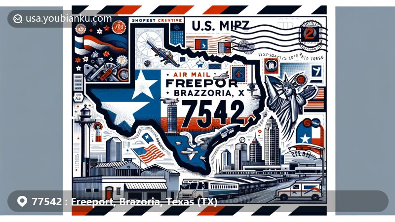 Modern illustration of Freeport, Brazoria County, Texas, showcasing postal theme with ZIP code 77542, featuring Texas state flag, Brazoria County map outline, and cultural symbols of Freeport.