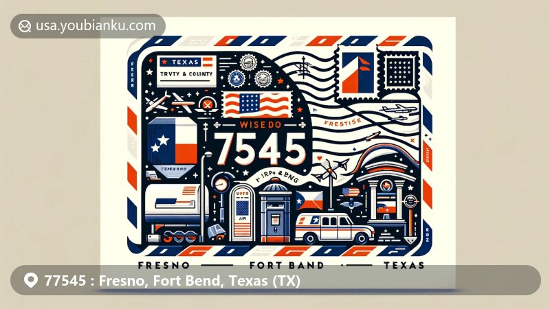 Modern illustration of Fresno and Fort Bend County, Texas, depicting ZIP code 77545 with postcard and airmail elements, Texas state symbols, and local cultural icons.