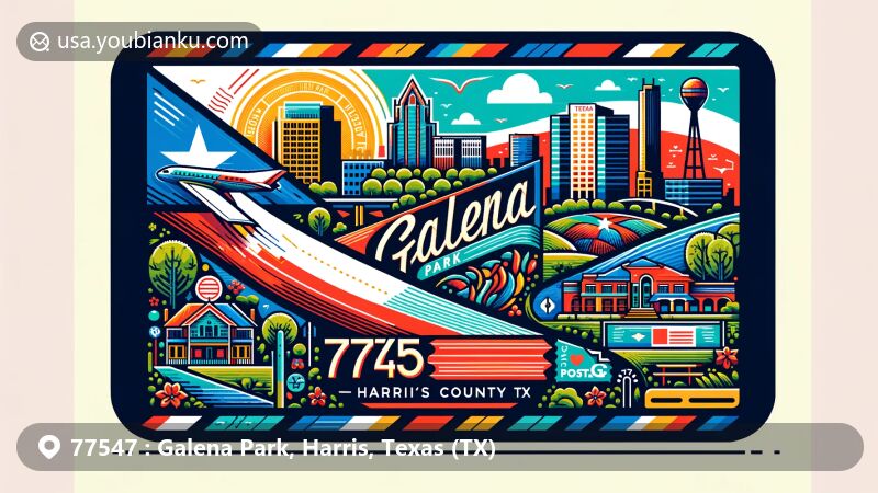 Modern illustration of Galena Park, Harris County, Texas, resembling an airmail envelope with ZIP code 77547, featuring local landmarks and Texas state symbols.