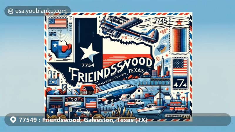 Modern illustration of Friendswood, Galveston County, Texas, featuring a postcard or airmail envelope design with Texas state flag, Galveston County outline, landmarks, and postal elements.