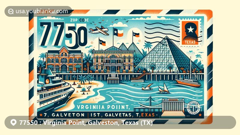Modern illustration of Virginia Point, Galveston, Texas, highlighting ZIP code 77550 with iconic landmarks like the Galveston Island Historic Pleasure Pier, Moody Gardens' pyramids, and the Strand Historic District, featuring the Texas state flag.