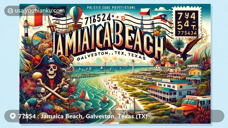 Vivid depiction of Jamaica Beach, Galveston, Texas (TX), with postal theme for ZIP code 77554, featuring pristine beaches, pirate-inspired elements, and Galveston Island State Park.