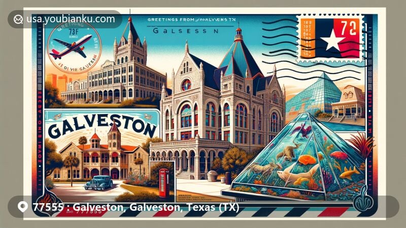 Modern illustration of Galveston, Texas, showcasing iconic landmarks like Bishop's Palace, Moody Mansion, and Moody Gardens' glass pyramids, along with Saengerfest Park and postal elements.