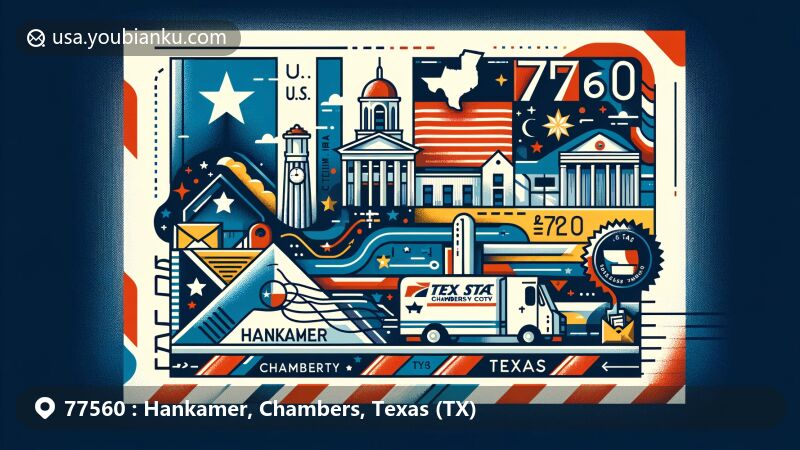Modern illustration of Hankamer, Chambers County, Texas, reflecting postal theme with ZIP code 77560, showcasing Texas state flag, Chambers County map, and cultural symbols.