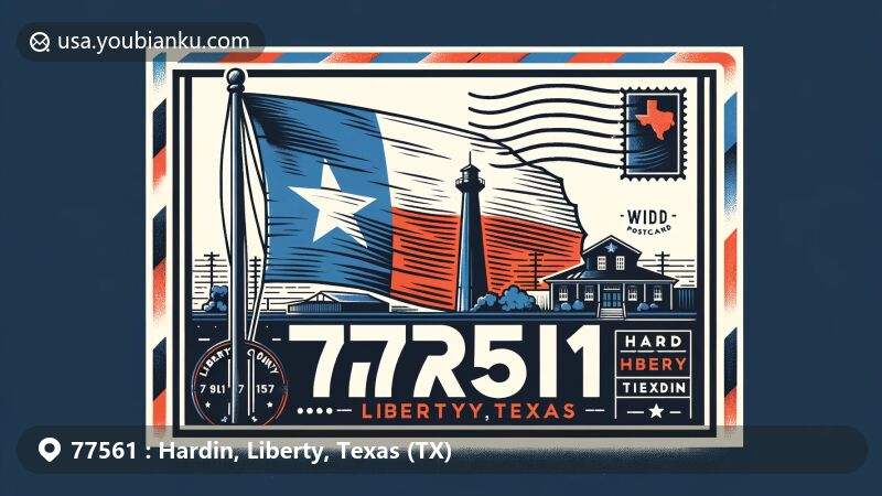 Modern illustration of Hardin, Liberty, Texas, featuring Texas state flag, Liberty County outline, and Hardin landmark, with postcard and air mail elements, including stamp, postmark, and ZIP code 77561. Web-friendly design, accurate location details.