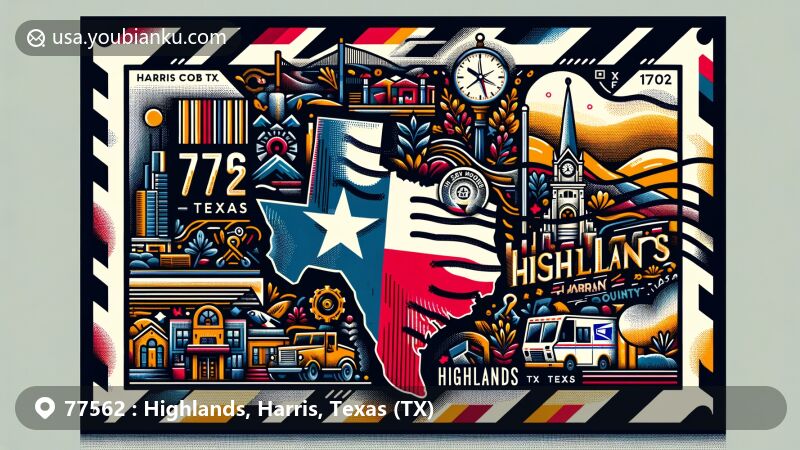 Modern illustration of Highlands, Harris County, Texas, showcasing postal theme with ZIP code 77562, featuring Texas state flag and local landmarks.