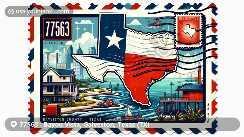 Modern illustration of Bayou Vista, Galveston County, Texas, representing ZIP Code 77563, featuring stylized postcard design with Galveston County outline, waving Texas state flag, iconic symbols of Bayou Vista, vintage postage stamp with '77563,' postmark, and classic red mailbox.