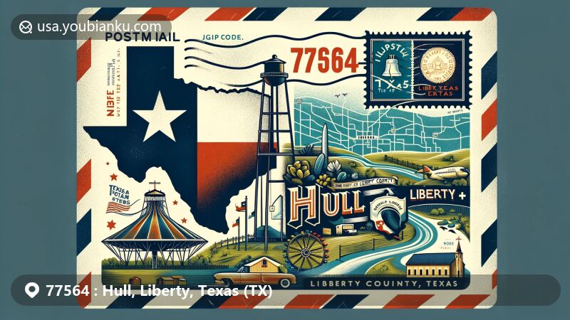 Modern illustration of Hull, Liberty County, Texas, showcasing postal theme with ZIP code 77564, featuring vintage airmail design, Liberty Bell replica, Liberty County map outline, and Liberty Opry theater.