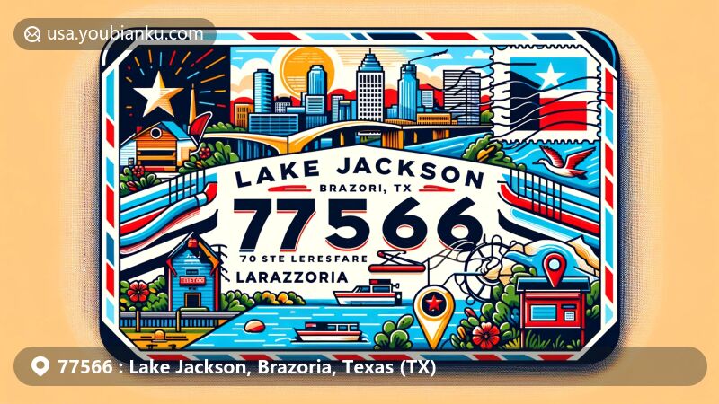 Modern illustration of Lake Jackson, Brazoria, Texas, resembling a postal item with vivid design, showcasing local landmarks, Texas state flag, postal elements, and ZIP code 77566.