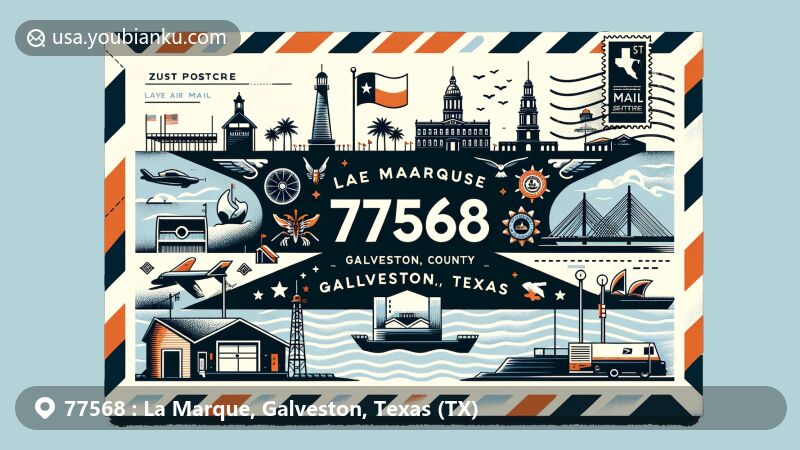 Creative illustration of La Marque, Galveston County, Texas, representing ZIP code 77568 as a postcard or air mail envelope, featuring Gulf of Mexico, Galveston County Courthouse, Texas state flag, postal elements like stamp, '77568' postmark, mailbox, and mail truck.