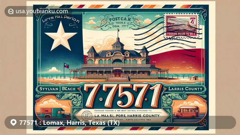 Modern illustration of Lomax, Harris County, Texas, showcasing postal theme with ZIP code 77571, featuring a detailed postcard or air mail envelope. It is created in a creative and eye-catching style suitable for web use.