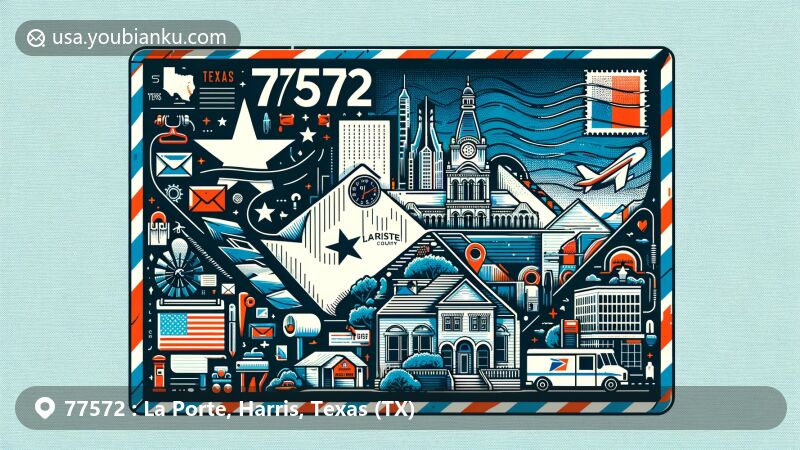 Modern illustration of La Porte, Harris County, Texas, portraying postal theme with ZIP code 77572, showcasing Texas state flag, Harris County outline, and local cultural symbols.