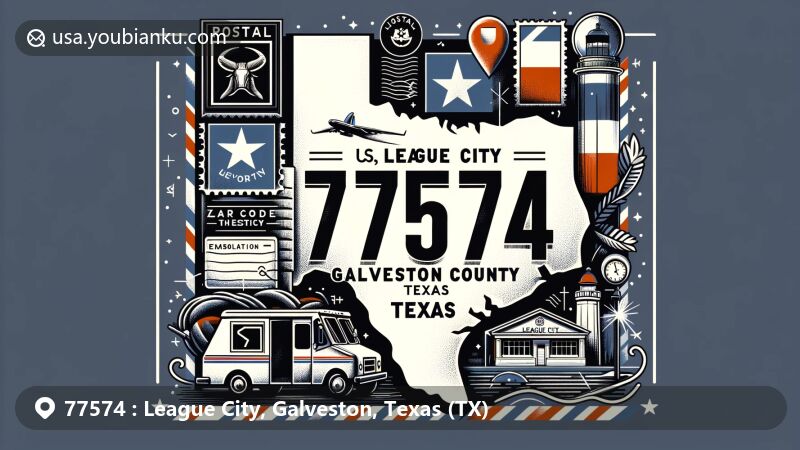 Modern illustration of League City, Galveston County, Texas, featuring Texas state flag, Galveston County outline, and recognizable landmark, designed like a postcard with postal elements and ZIP code 77574.