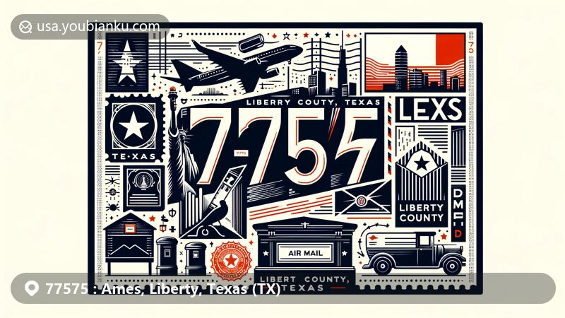 Imaginative illustration of Ames, Liberty County, Texas, with Texas state flag, landmarks, and postal elements, in a contemporary and clear style.