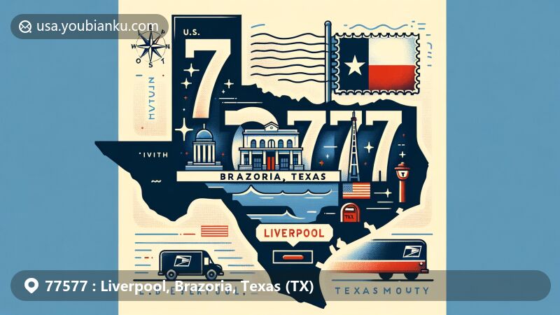 Modern illustration of Liverpool, Brazoria County, Texas, featuring Brazoria County shape on Texas map, Liverpool landmark, Texas state flag, and postal elements with ZIP code 77577.