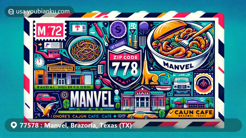 Modern illustration of Manvel, Brazoria, Texas, showcasing key landmarks like Southdown Park, Manvel High School, and Honore's Cajun Cafe, along with postal elements like stamp and postal mark.