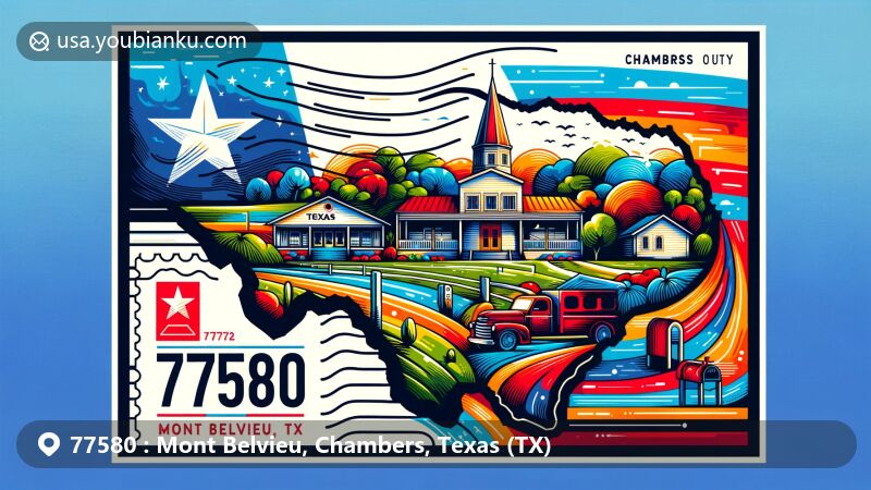 Creative illustration of Mont Belvieu, Chambers County, Texas, inspired by ZIP code 77580, featuring Texas state flag, Chambers County outline, and scenic view of Mont Belvieu.