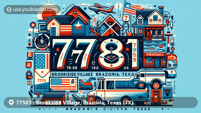 Modern illustration depicting Brookside Village, Brazoria, Texas with ZIP code 77581, showcasing postal theme, Texas state symbols, and local features with a focus on creativity and clear design.