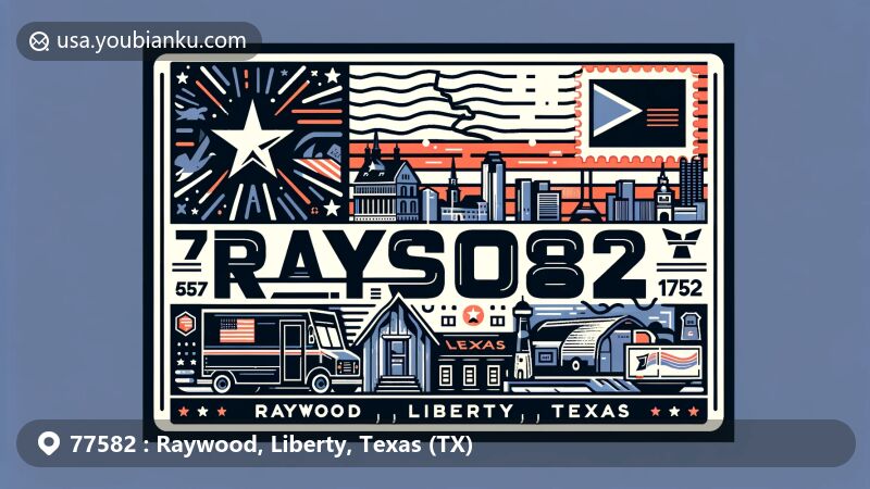 Modern illustration of Raywood, Liberty County, Texas, featuring Texas state flag, Liberty County outline, and cultural landmarks, with postal elements like stamp, postmark, ZIP code 77582, mailbox, and postal vehicle.