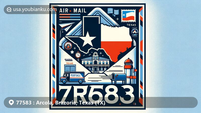 Modern illustration of Arcola, Brazoria, Texas, shaped as an air mail envelope with Texas state flag, Brazoria County outline, and iconic Arcola landmark. Includes postal elements like stamp, mailbox, and mail truck with postmark '77583' for ZIP code 77583.