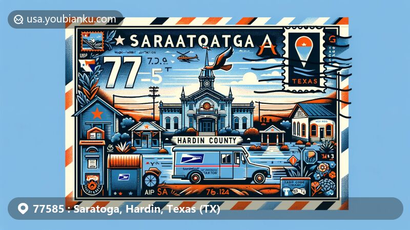 Modern illustration of Saratoga, Hardin County, Texas, featuring landmarks, cultural symbols, and postal elements with ZIP code 77585. Includes local architecture, nature scenes, Texas state symbols, stamps, postmark, mailbox, and postal vehicle.