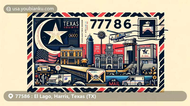 Modern illustration of El Lago, Harris County, Texas, with a postal theme for ZIP code 77586, featuring Texas state flag, Harris County outline, and local landmarks. Includes postage stamp, postmark, mailbox, and mail truck.