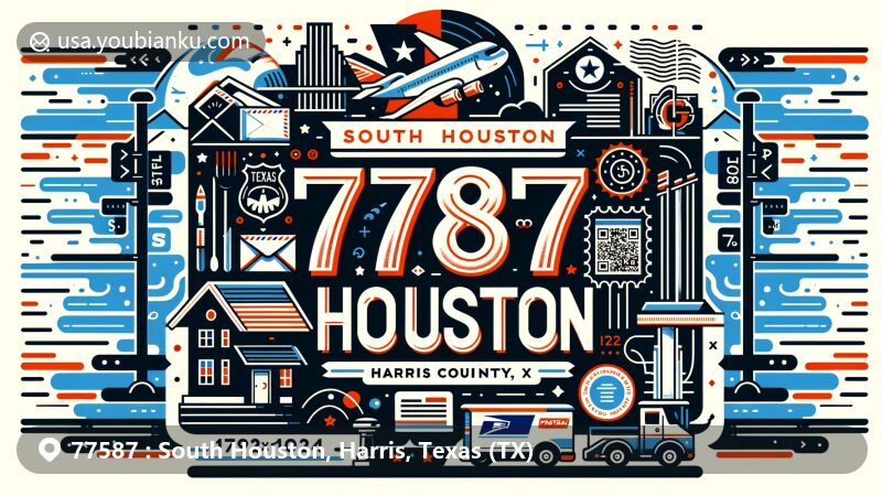 Modern illustration of South Houston, Harris County, Texas, focusing on postal theme with ZIP code 77587, featuring state flag, local landmarks, and postal elements.