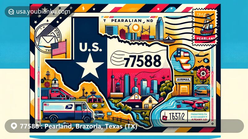 Modern illustration of Pearland, Brazoria County, Texas (TX), showcasing postal theme with ZIP code 77588, featuring Texas state flag, Brazoria County outline, and Pearland landmarks.