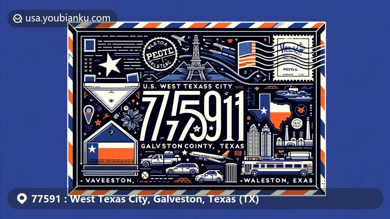 Modern illustration of West Texas City, Galveston County, Texas, inspired by a postcard or airmail envelope, featuring the Texas state flag, Galveston County outline, and iconic landmarks. Includes postal elements like stamps, 'ZIP Code 77591', a mailbox, and a postal vehicle.