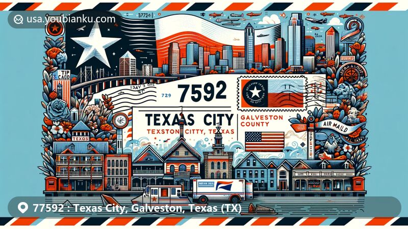 Vibrant illustration of Texas City, Galveston County, Texas, with air mail envelope background, showcasing Texas state flag, Galveston County outline, and Texas City landmarks like Texas City Dike and historic downtown area.