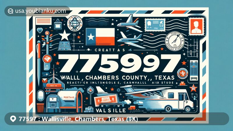 Modern illustration of Wallisville, Chambers County, Texas, in the form of a wide postcard or air mail envelope, with postal elements like a postage stamp, postmark, and the ZIP code 77597, featuring Texas state flag, Chambers County map outline, and local cultural symbols.
