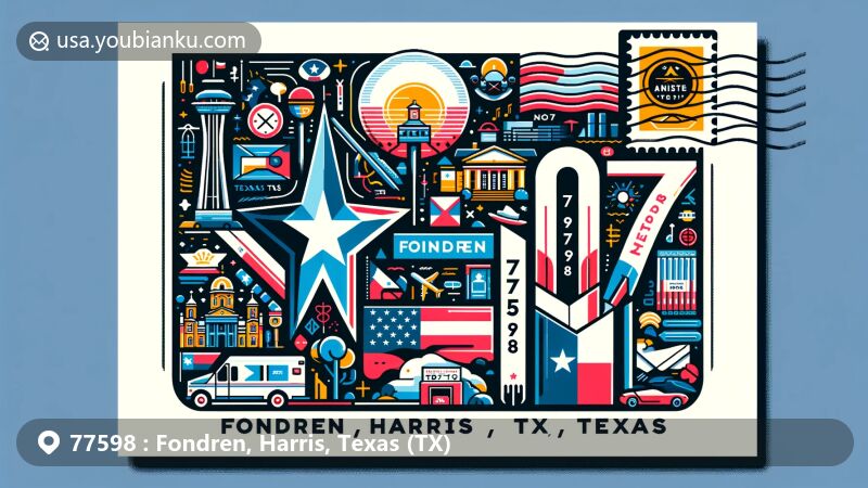 Modern illustration of Fondren, Harris County, Texas, showcasing postal theme with ZIP code 77598, featuring Texas state flag and Harris County outline.