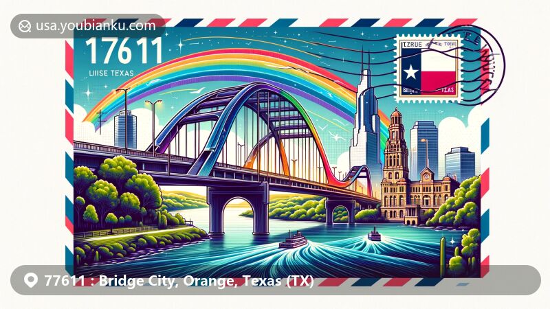 Vibrant illustration of Bridge City, Texas, featuring iconic Rainbow Bridge over a river with colorful lights, skyline, and historic buildings, emphasizing unity and connection. Includes ZIP code 77611, vintage postage elements, and Texas flag motif.
